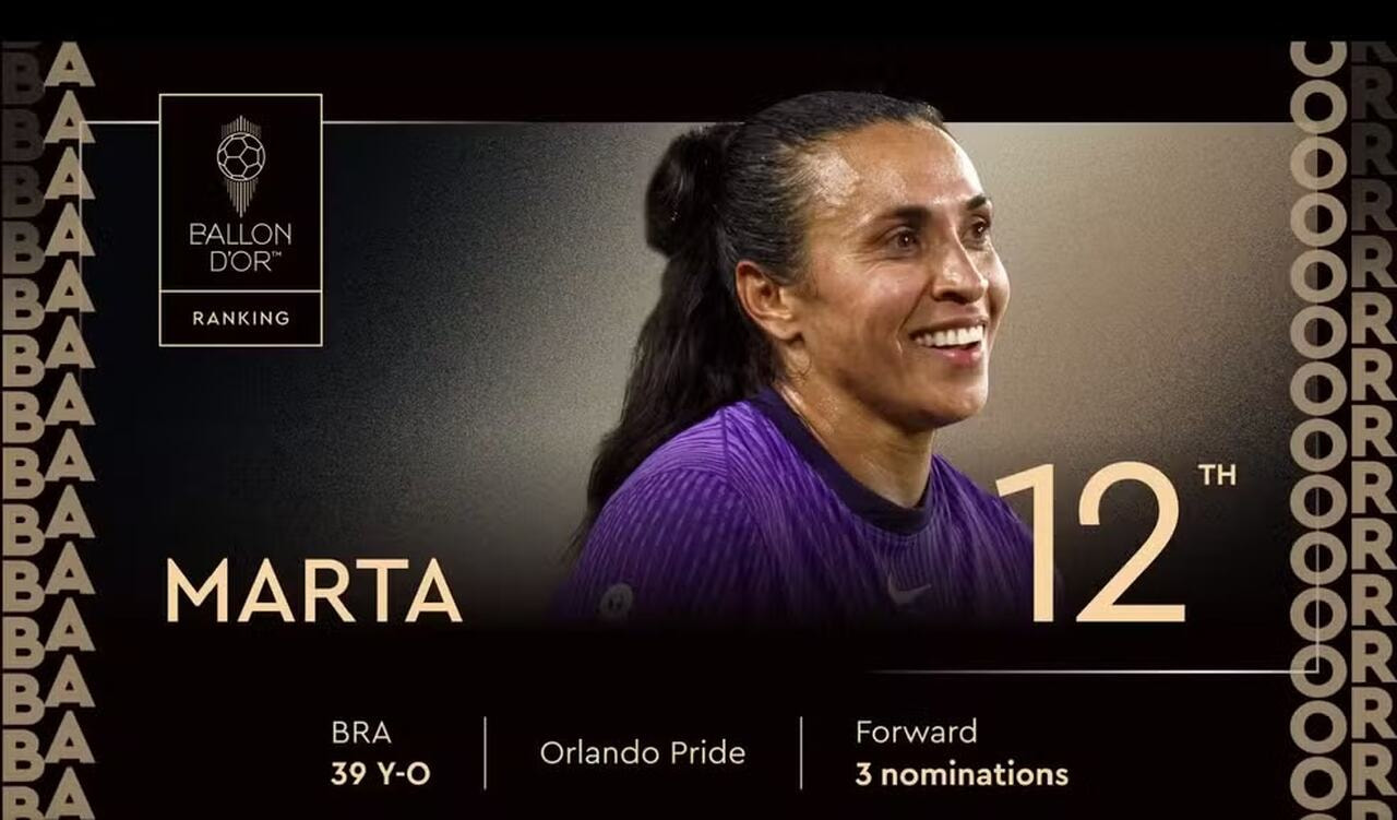 Imagem da noticia Marta fica fora do top-10 da Bola de Ouro 2025