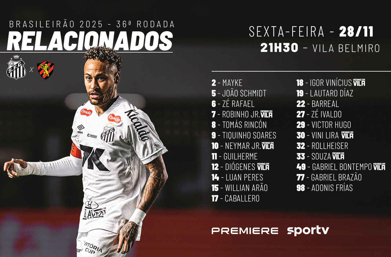 Imagem da noticia Com Neymar, Santos divulga lista de relacionados para partida contra o Sport