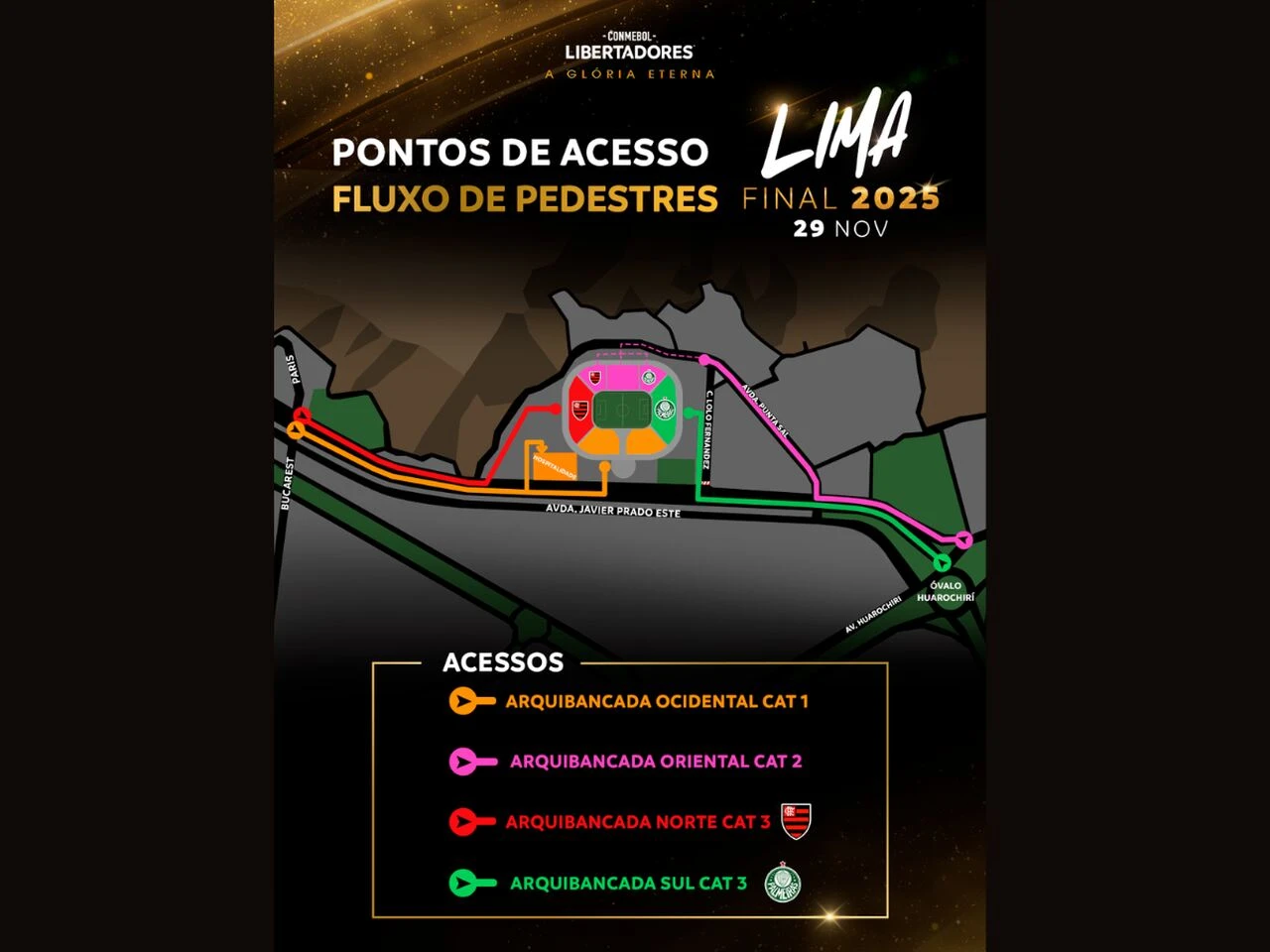 Imagem da noticia Conmebol detalha logística para torcedores de Flamengo e Palmeiras em Lima