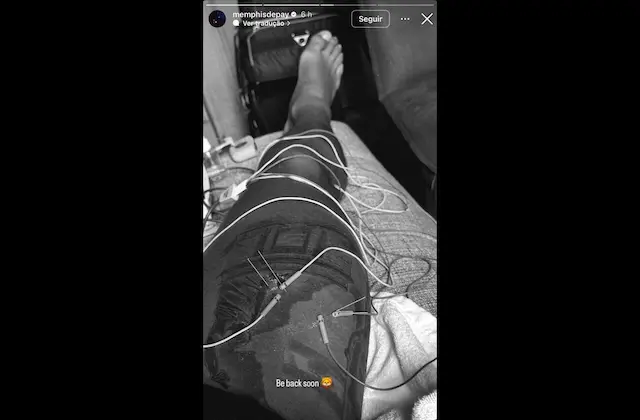 Depay mostra tratamento de lesão na coxa nas redes sociais: ''Volto em breve'' Depay mostra tratamento de lesão na coxa nas redes sociais: ''Volto em breve''